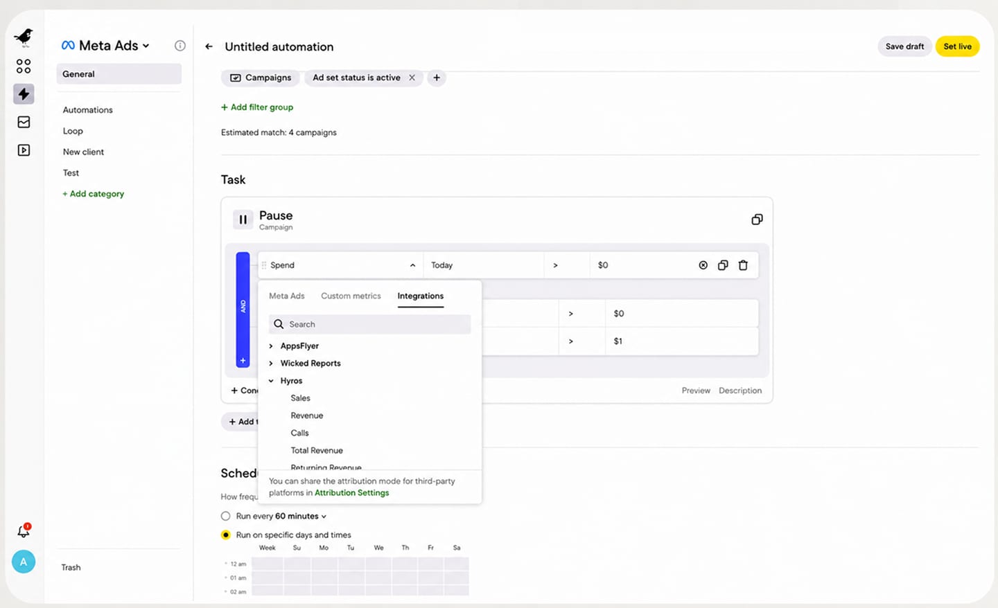 Birch (Revealbot) automation rule builder — setting conditions with Spend, custom metrics and third-party integrations like Hyros and AppsFlyer