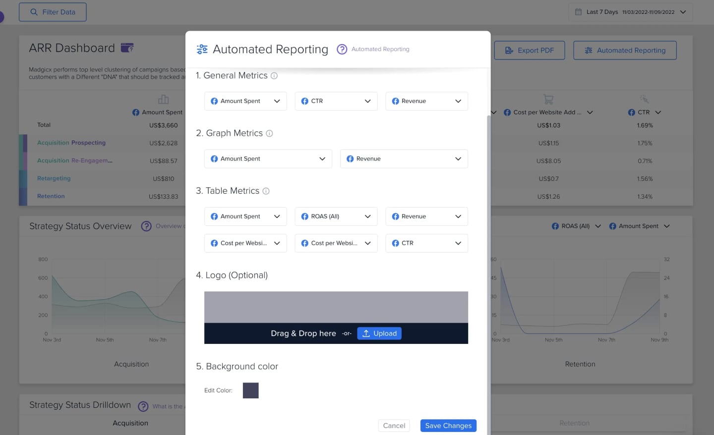 Madgicx ARR Dashboard with Automated Reporting modal — configuring general metrics, graph metrics, table metrics and report branding