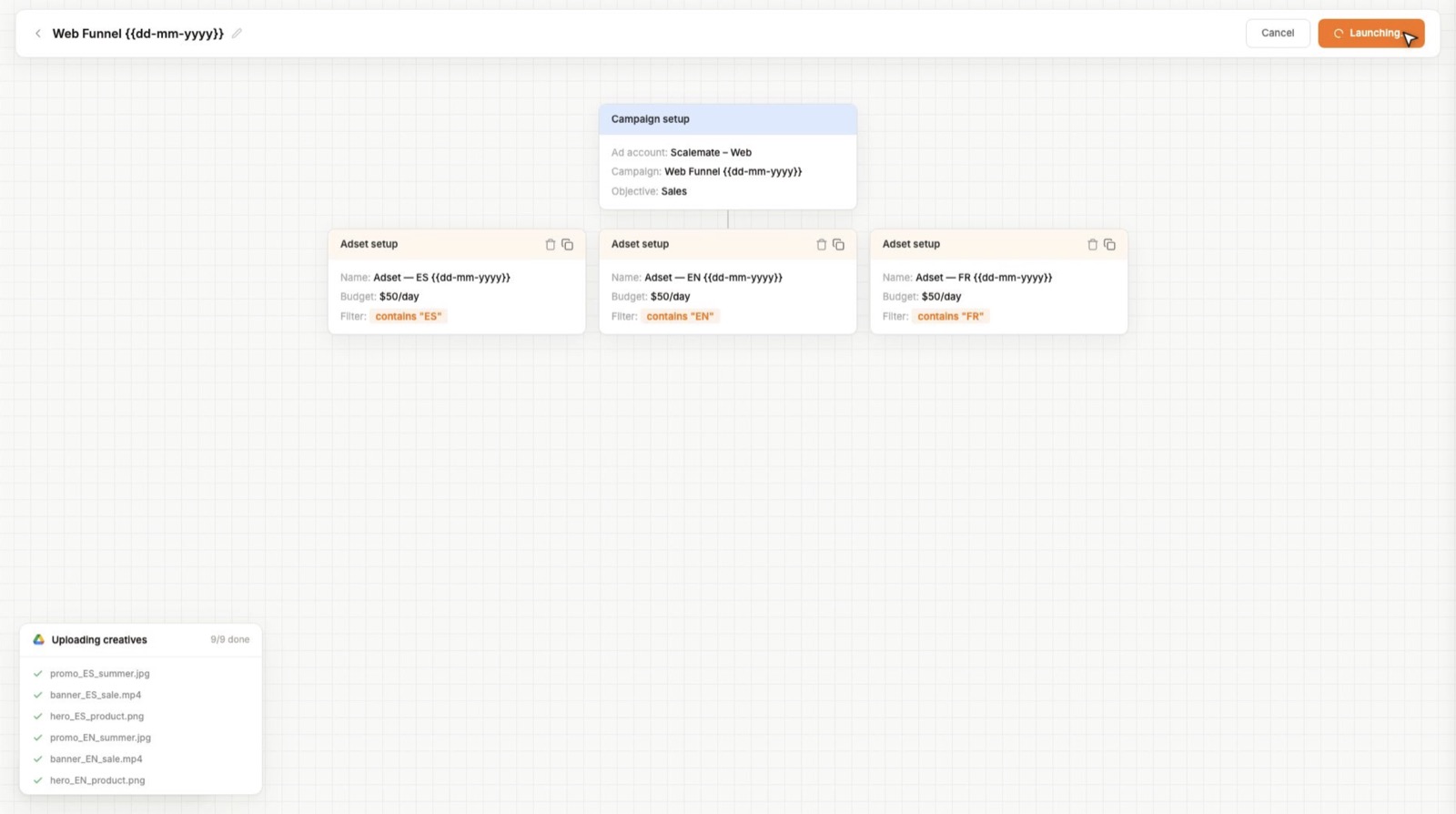 Scalemate Launcher dashboard — bulk ad launch templates for Meta and TikTok with multi-account setup