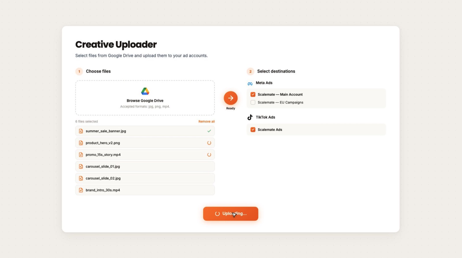 Scalemate Uploader — Google Drive to Meta and TikTok creative sync without re-uploads or duplicates